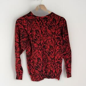 Vtg Anne Klein Knitwear Womens M Lambswool Red Black Baroque Jacquard Sweater